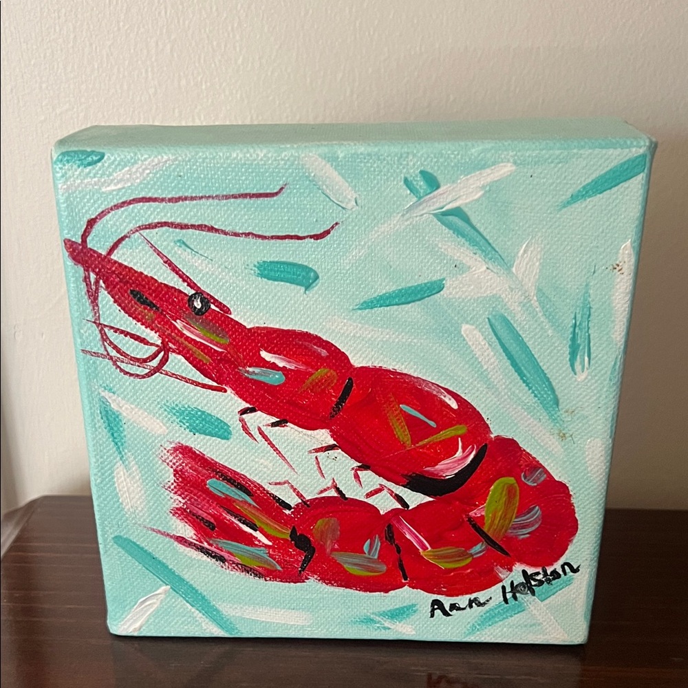 Source Unknown Red Shrimp on Aqua Canvas
